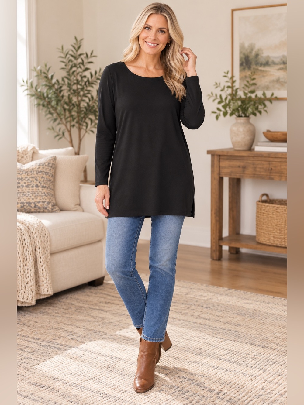 Belle by Kim Gravel TripleLuxe Black Long Sleeve Tunic Tee Medium